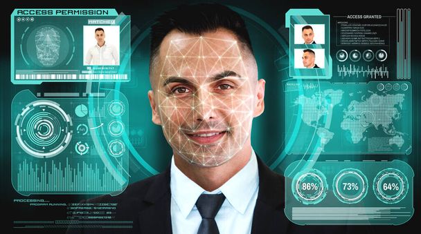 La tecnologia di riconoscimento facciale esegue la scansione e rileva il volto delle persone per l'identificazione - Foto, immagini