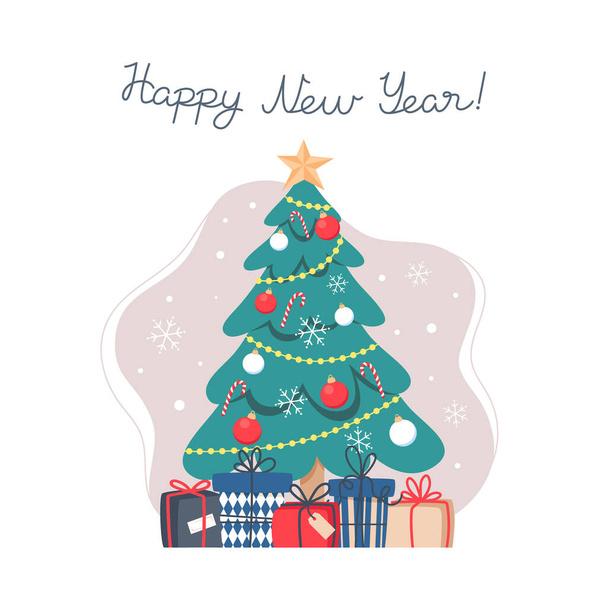 Choinka z prezentami, Szczęśliwego Nowego Roku, Ilustracja wektora w płaskim stylu, szablon dla karty wakacje - Wektor, obraz