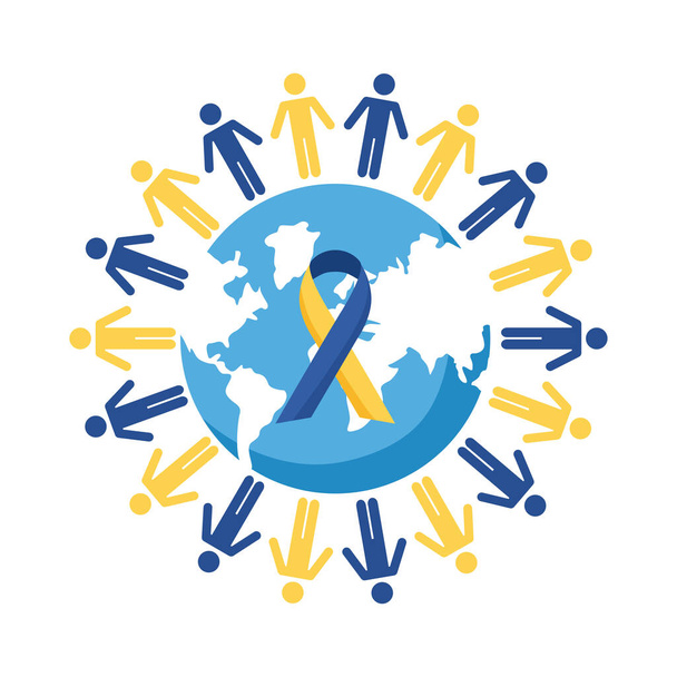 down syndrome campaign ribbon in earth planet and people around flat style - Vector, Image