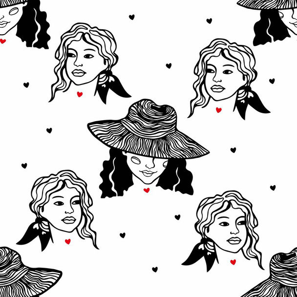 Vector trendy young girls seamless pattern. Portraits of beautiful women in a hat, with a hairstyle design for printing on textiles, paper, packaging. - Vector, Image
