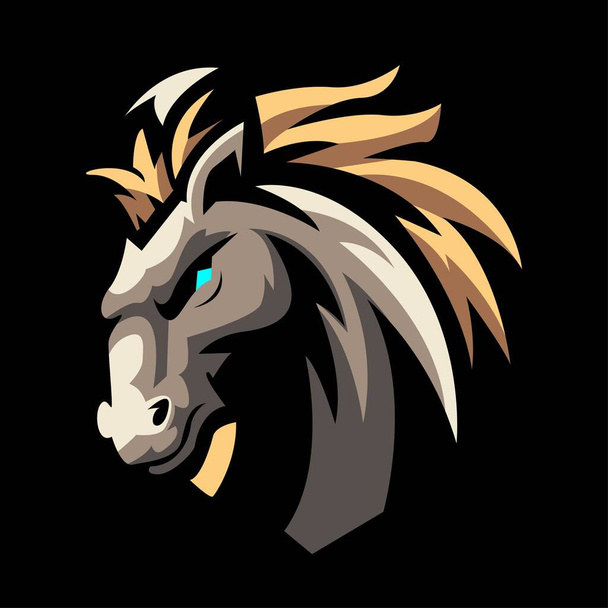 e sportovní logo šablona agresivní a naštvaný kůň hlava karikatura - Vektor, obrázek