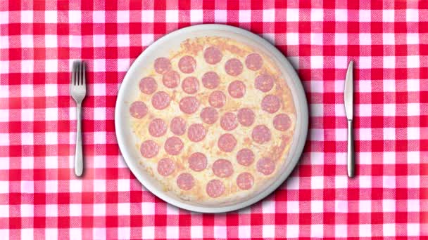 Изображение пиццы на красочной скатерти, готовой к употреблению. - Кадры, видео