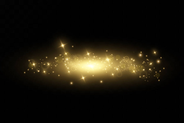 Noel ışığı etkisi. Parıldayan sihirli toz parçacıkları. Toz kıvılcımları ve altın yıldızlar özel ışıkla parlıyor.. - Vektör, Görsel