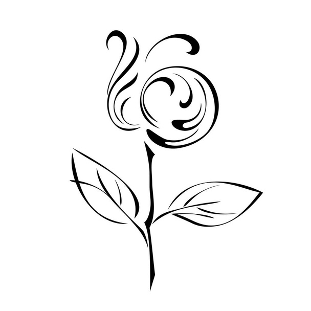 one unique stylized flower on a stalk with two leaves in black lines on a white background - Vektori, kuva