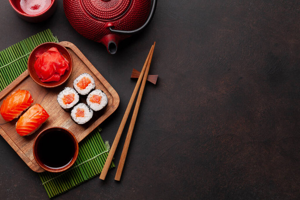 Japanese sushi set. Top view flat lay with copy space - Фото, изображение