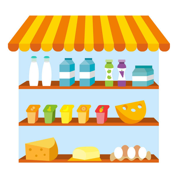 Mostra com produtos lácteos. Conjunto de ícones de produtos lácteos, estilo plano. Alimentos agrícolas. Ilustração vetorial - Vetor, Imagem