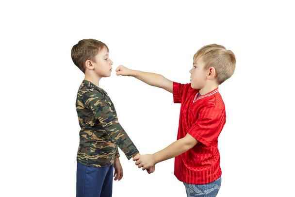 Over white isolated background two boy athlete perform hand grab and punch - Foto, afbeelding