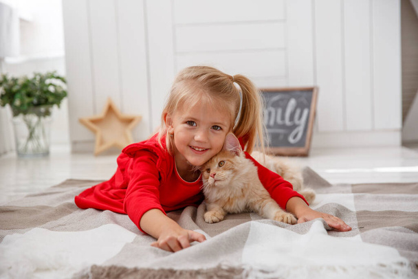 une petite fille jouant avec un chaton coon maine sur le sol - Photo, image