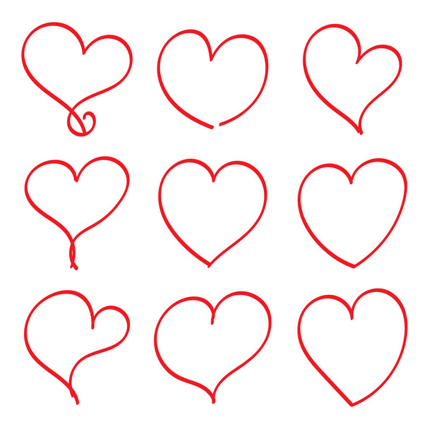 Yhdeksän käsin piirrettyä sydäntä. Käsin piirretty karkea merkki sydämet eristetty valkoisella taustalla. Graafisen suunnittelun vektorikuvitus - Vektori, kuva