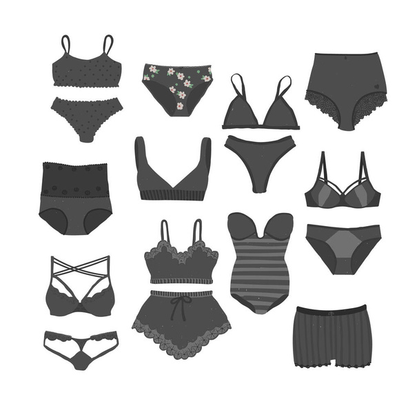 Nők fekete fehérnemű - melltartó, bugyi, fűző, bikini, monokini. Fehérnemű és fürdőruha típusok. Vektor illusztráció elszigetelt fehér háttér tervezés. - Vektor, kép