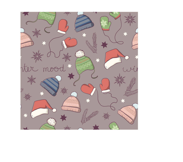 Seamless hand draw pattern. Winter mood. Doodling hats, caps, mittens. - Vector, Image