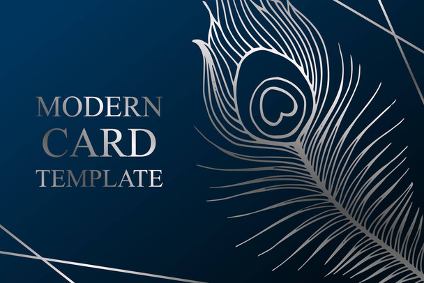 Modern luxury card template for business or presentation or greeting with silver peacock feather on a navy blue background. - Vector, Image