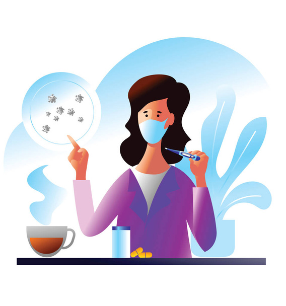 Egy nő orvosi maszkban, lázmérővel, tablettákkal, egy csésze forró itallal. Covid-19 infografikai koncepció. Coronavirus vírus betegség kezelése és megelőzése. Vektor lapos rajzfilm illusztráció - Vektor, kép