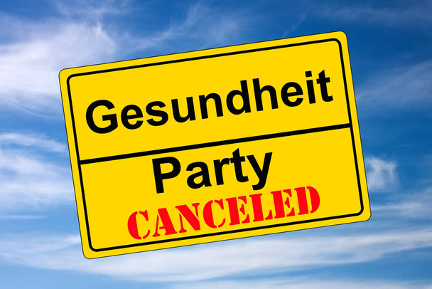 Ortschild auf Himmel Party anulowane kontra Gesundheit - Zdjęcie, obraz