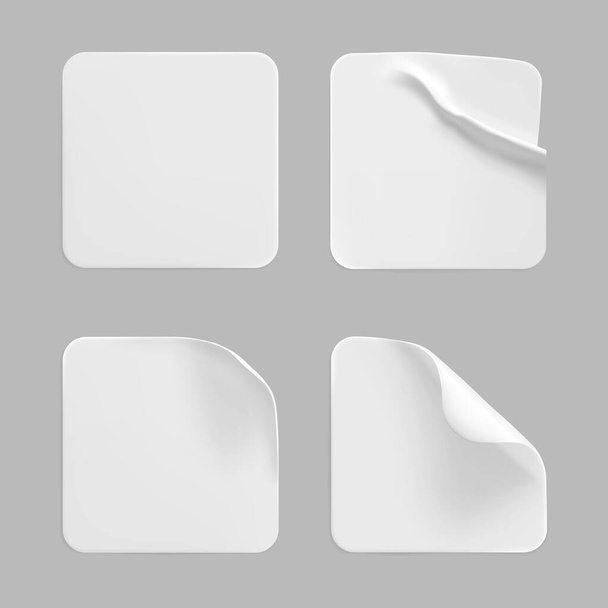 White square glued stickers with curled corners mock up set. Blank white adhesive square paper or plastic sticker label with wrinkled, crumpled effect. Blank template label tags. 3d realistic vector - Вектор,изображение