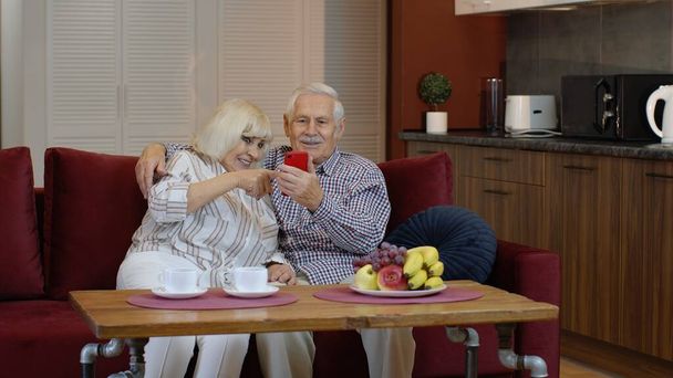 Abuela y abuelo haciendo videollamada en línea en el teléfono móvil en casa. Sonriendo pareja mayor - Foto, imagen