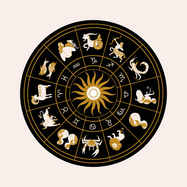 Horoscoop en astrologie. Horoscoopwiel met de twaalf tekens van de dierenriem. Zodiacale cirkel. Dierenriemtekens Ram, Stier, Tweelingen, Kanker, Leeuw, Maagd, Weegschaal, Schorpioen, Boogschutter, Steenbok, Waterman, Vissen. Vectorillustratie. - Vector, afbeelding