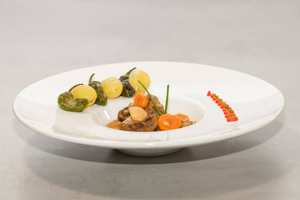 Вибірковий фокус смачно виглядає яловича рагу на тарілці з різноманітними овочами. Традиційна та саморобна концепція їжі
. - Фото, зображення