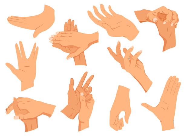 Los gestos de las manos.La ilustración vectorial establece las manos en diferentes interpretaciones, mostrando señales, emociones o signos. Diseño plano concepto moderno - Vector, imagen