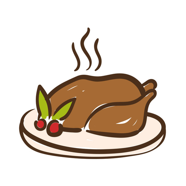 dish with delicious turkey thanksgiving food hand draw style icon - Vector, Image