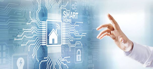 Smart Home Automation Schnittstelle Anwendungssteuerung Panel. Internet- und Technologiekonzept. Geschäftsmann drückt auf Knopf. - Foto, Bild