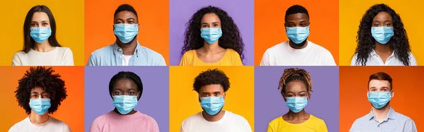 Колаж з багатоетнічних людей в масках для обличчя на барвистому фоні
 - Фото, зображення