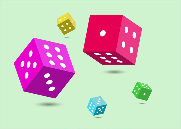 Colorful 3 dimensional dices isolated on green background - Vector, Image