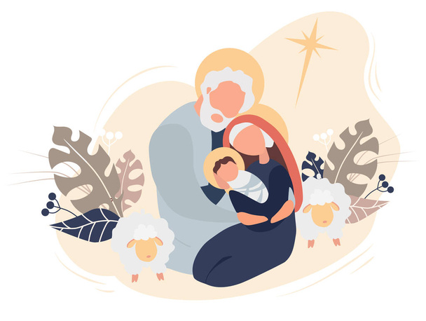 Boldog karácsonyt! A gyermek Megváltó Jézus Krisztus születése. Szűz Mária és József Szent Család, csillag Betlehem és juhok rózsaszín alapon trópusi levelek és dekoráció. Vektorillusztráció - Vektor, kép