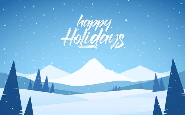 Blue mountains winter snowy landscape with handwritten lettering of Happy Holidays and pines on foreground. - Vector, Imagen