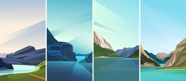  Collectie van fjord landschappen. Prachtige natuurlandschappen in verticale oriëntatie. - Vector, afbeelding