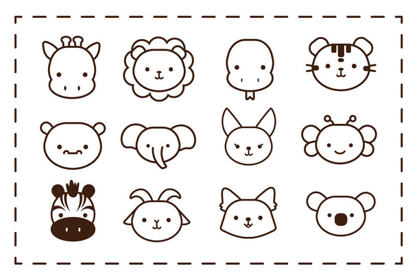 paquete de doce animales kawaii estilo de línea - Vector, Imagen