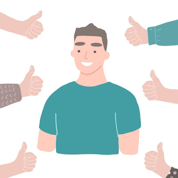 Happy yound successful man. Hands with thumbs up around. Vector people approve concept. - Vector, Image