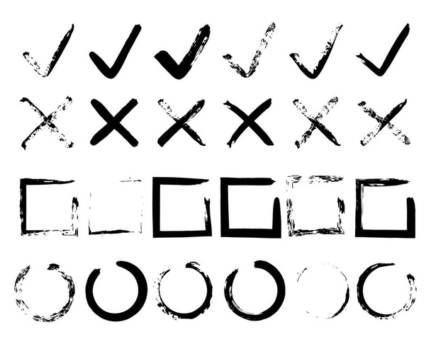 Check mark. Grunge V X hand drawn checkmarks. Vector square and circle ink sketch signs. - Vector, Image