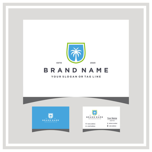 palm tree with shield logo design and business card vector template - Vector, Image