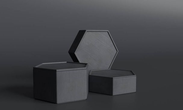 Černé abstraktní pozadí s šestiúhelníkovými podstavci pro prezentaci produktů nebo výstav. Složení různých geometrických objektů s kopírovacím prostorem. 3D ilustrace - Fotografie, Obrázek