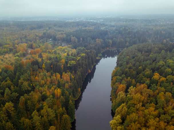 pohled z ptačí perspektivy na krásnou řeku a barevný podzimní les za oblačného dne, fotografie s dronem. - Fotografie, Obrázek