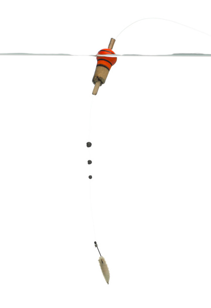 Поплавок, рыболовная веревка и приманка на подводном крючке, изолированные на whi
 - Фото, изображение