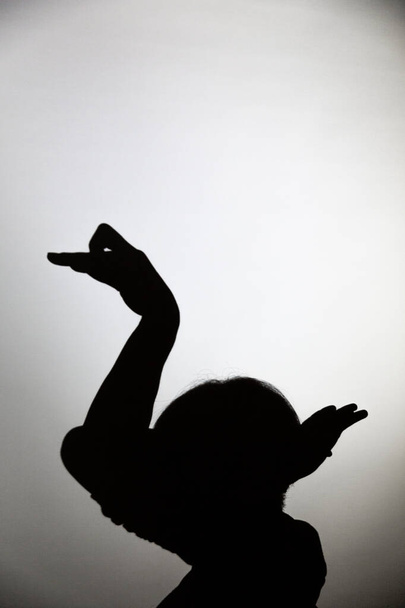 juego de sombras proyectado en una pantalla blanca. crea una forma de cisne o pato con las manos. - Foto, imagen