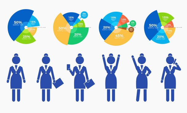 Collection of blue simplified businesswoman silhouettes, various poses. Info charts for presentation - Vektori, kuva