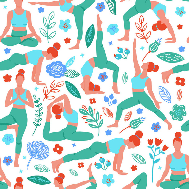 Women exercising yoga flat color trend vector seamless pattern. Do yoga meditation practice cartoon style. Exercise workout background. Healthy lifestyle morning fitness activities pictures. - Вектор, зображення