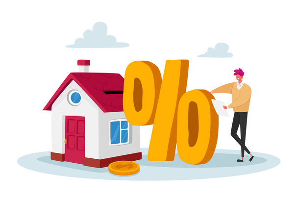 Hypotheken- und Immobilienkaufkonzept. Winzige männliche Figur mit riesigem Prozent-Symbolständer im Ferienhaus mit Goldmünze - Vektor, Bild