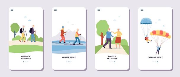 Onboarding pages of app for elderly people activity flat vector illustration. - Vector, Image