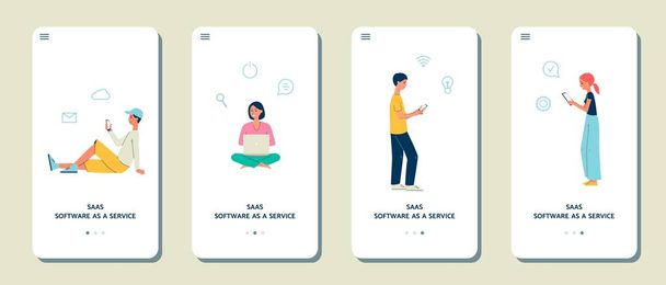Set of mobile pages for SaaS services app flat vector illustration isolated. - Vektör, Görsel