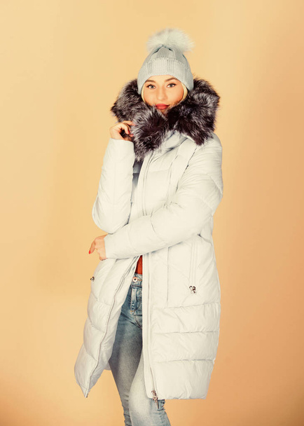 Designed for your comfort. Fashion girl winter clothes. Fashion trend. Fashion coat. Warming up. Casual winter jacket more stylish have more comfort features. Female fashion. Clothes shop. Buy online - Foto, Bild