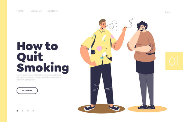 Pare de fumar conceito de landing page com o homem fumando cigarro perto de tossir e cobrindo mulher rosto - Vetor, Imagem