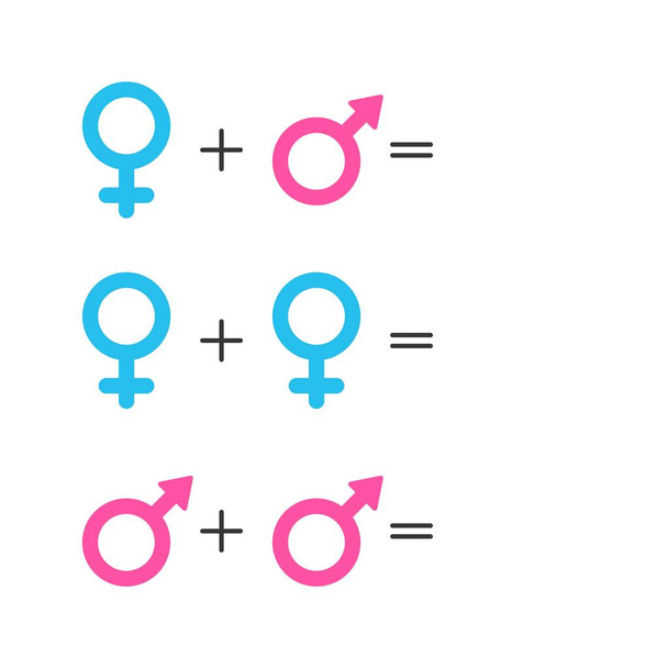 Model geslacht icoon. Roze vrouwelijk en blauw mannelijk symbool. Set van gender symbolen en relatie pictogrammen. Oriëntatie concept. Vector - Vector, afbeelding