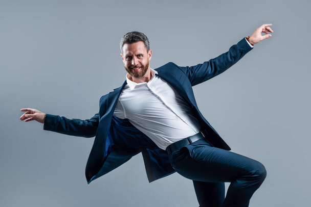 pure happiness. handsome happy ceo. bearded businessman dancing in suit. confidence and success. male formal fashion. celebrate successful business. stylish business man. fashion and beauty - Valokuva, kuva