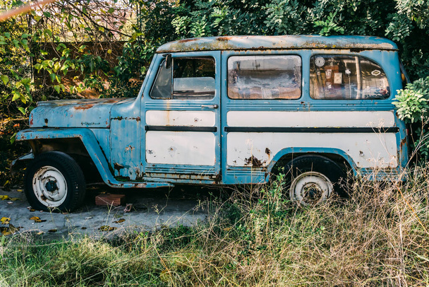 Bahçede çimlerle çevrili terk edilmiş eski bir minibüs. - Fotoğraf, Görsel