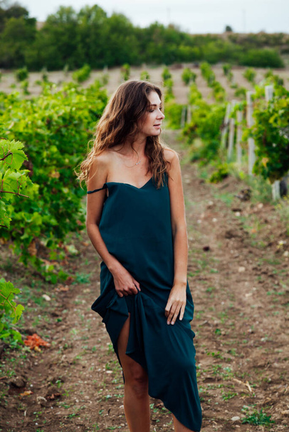 bela mulher de vestido com um copo de vinho em um piquenique na vinha - Foto, Imagem