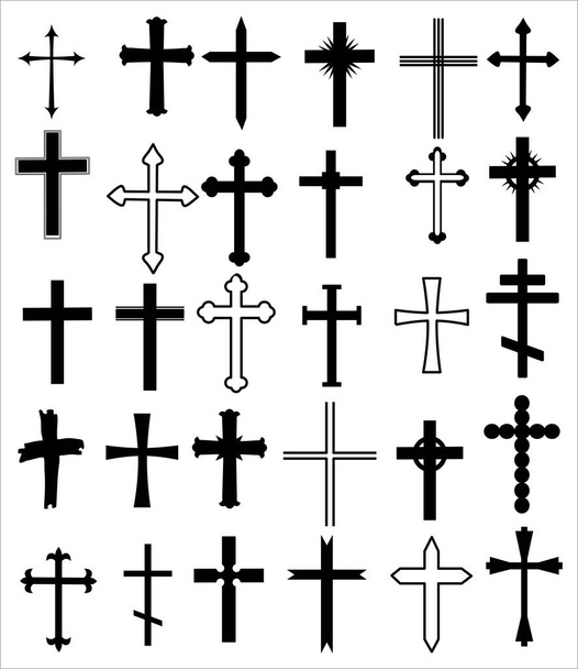 Σύνολο από διαφορετικούς σταυρούς. Σύνολο εικονιδίων σταυρού θρησκείας, σχέδιο - Διάνυσμα, εικόνα